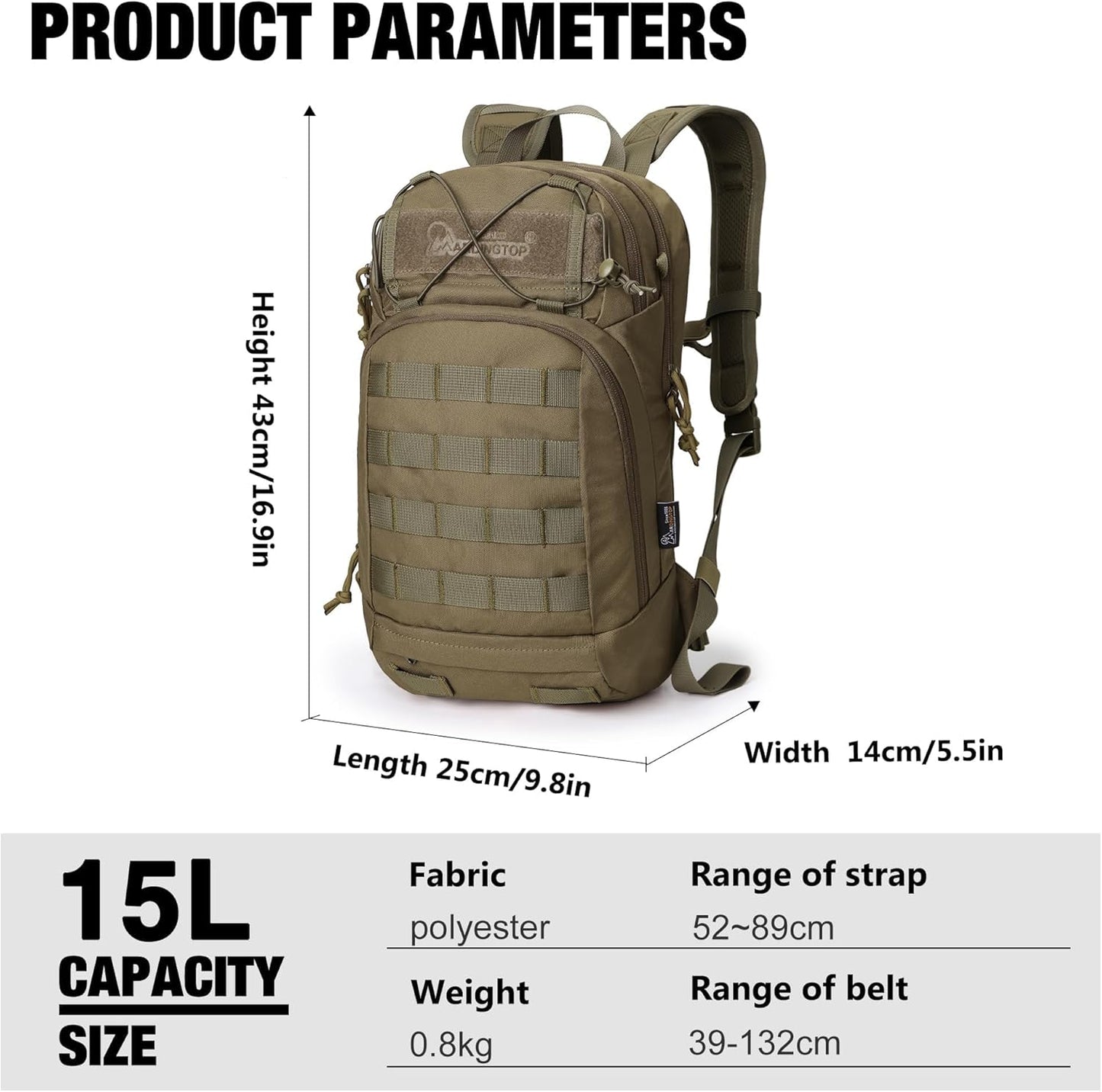 [G0004]Mardingtop 15L Tactical MOLLE Hydration Backpack – Small Military Bag for Motorcycle, Hiking, Riding, Biking & EDC Daypack