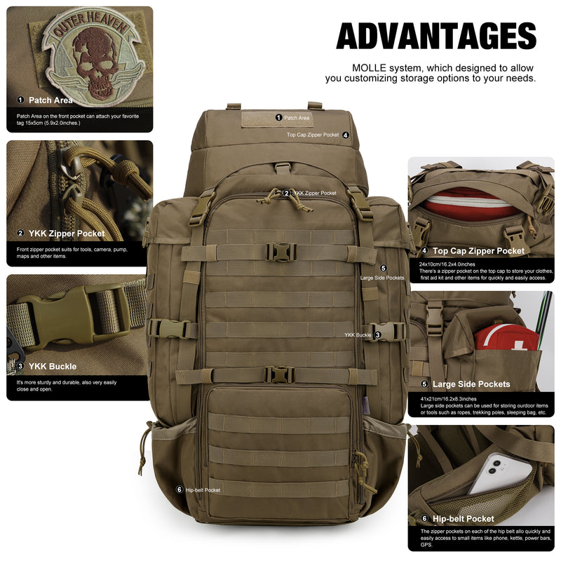 [M6480] Mardingtop 70L Hiking Backpack Internal Frame Backpack Molle Daypack with Rain Cover