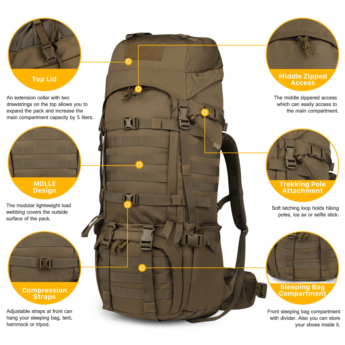 [M6105] Mardingtop 65L Molle Hiking Internal Frame Backpacks with Rain Cover