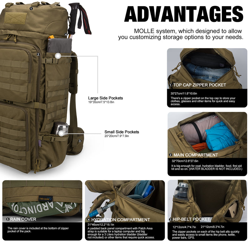 [M6312] Mardingtop 75L Molle Hiking Internal Frame Backpack with Rain Cover