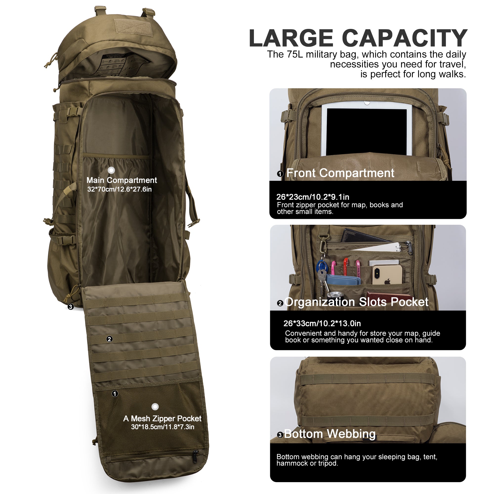 Mardingtop 75L Molle Hiking Internal Frame Backpacks with Rain Cover for  Camping,Backpacking,Travelling