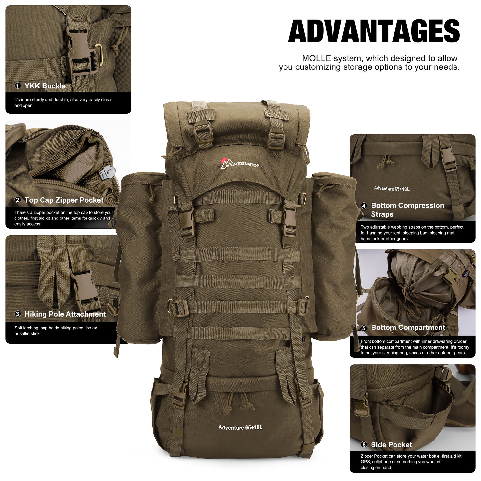 [M403] Mardingtop 65+10L Molle Hiking Internal Frame Backpacks with Rain Cover M403