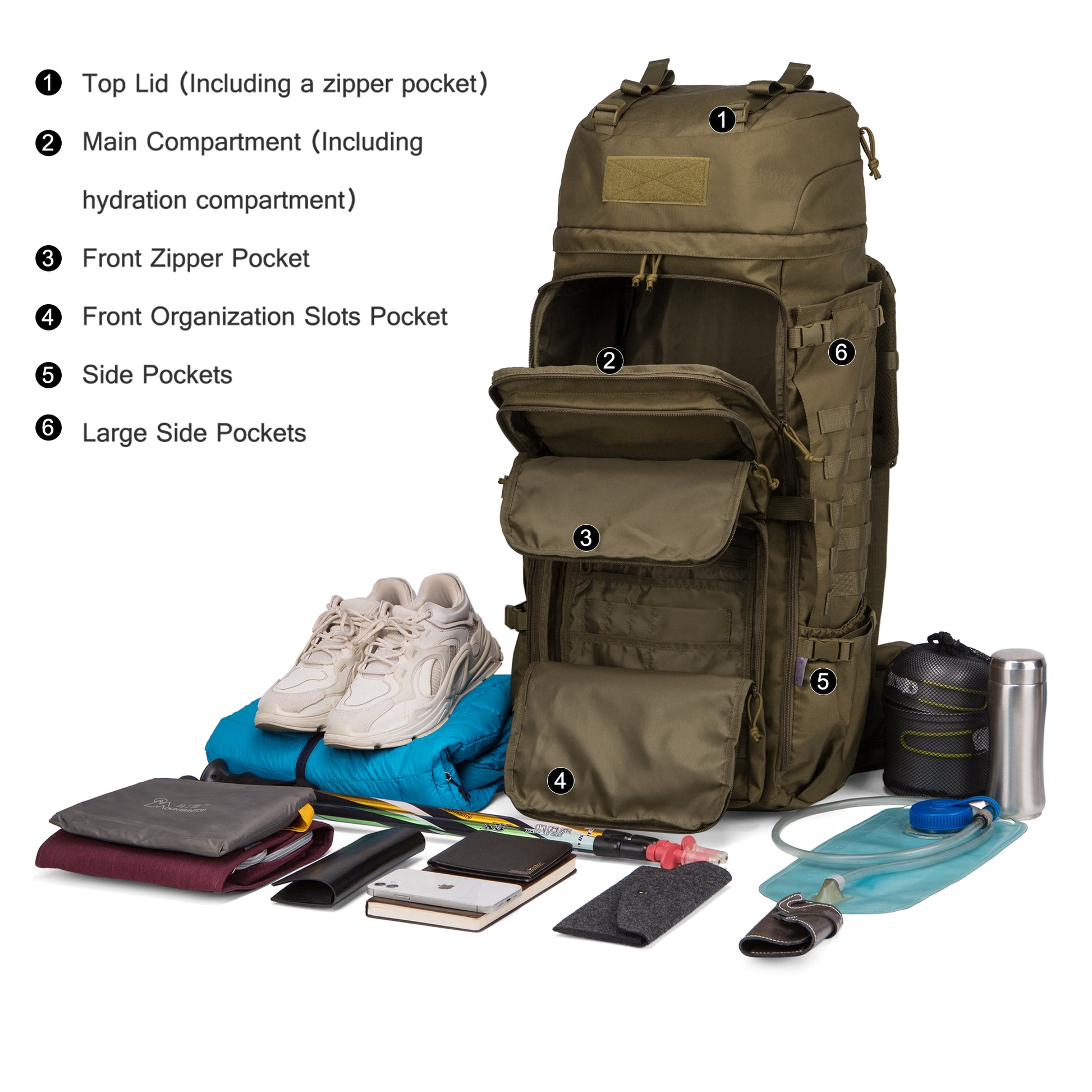 [M6312] Mardingtop 75L Molle Hiking Internal Frame Backpack with Rain Cover