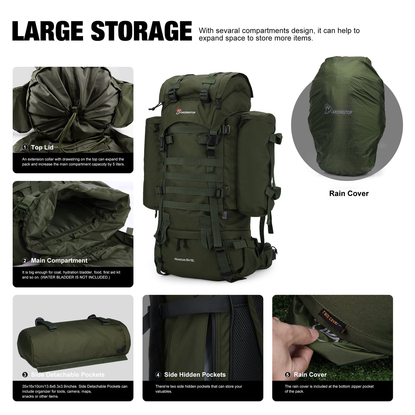 [M403] Mardingtop 65+10L Molle Hiking Internal Frame Backpacks with Rain Cover M403