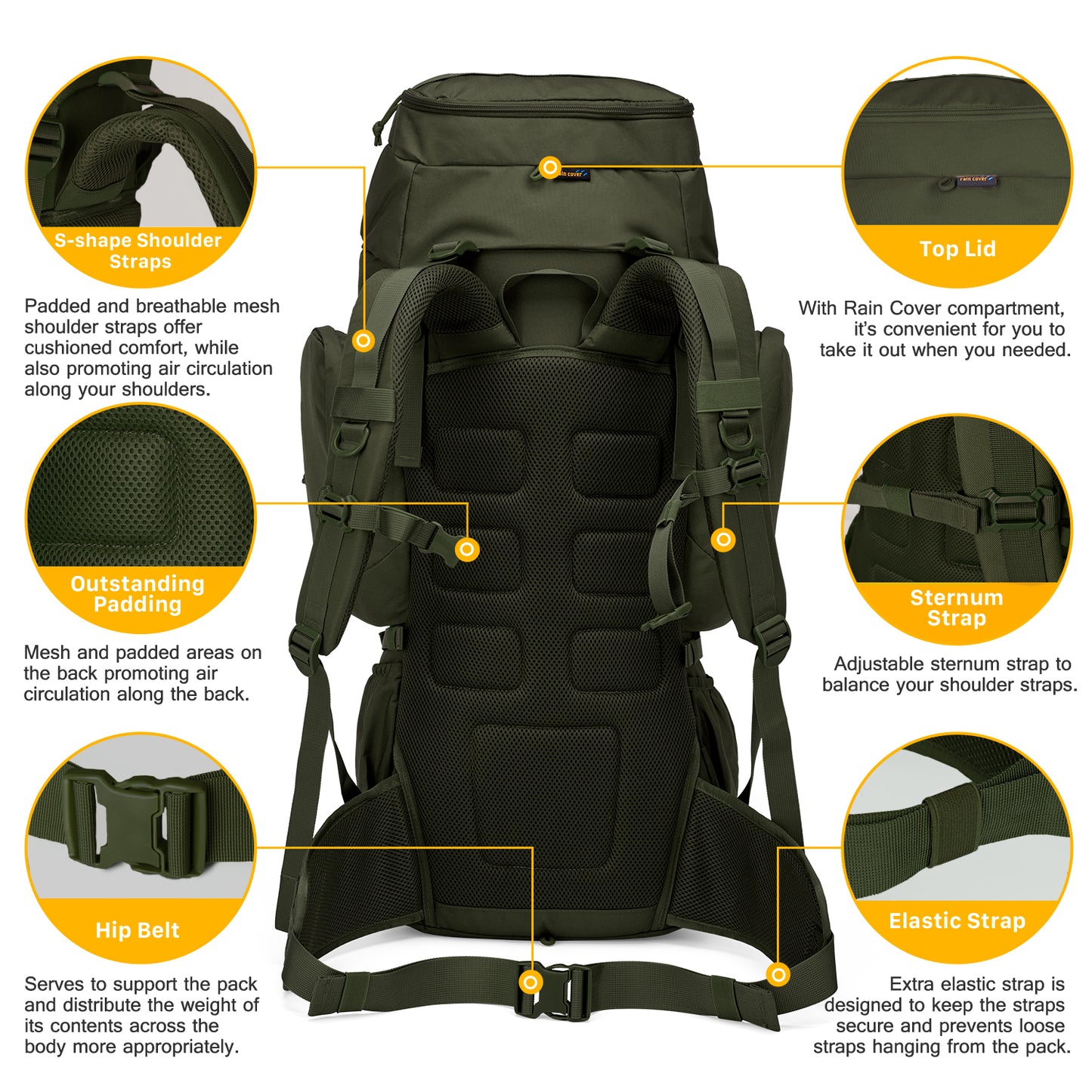 [M6226] Mardingtop 60L Molle Hiking Internal Frame Backpacks with Rain Cover