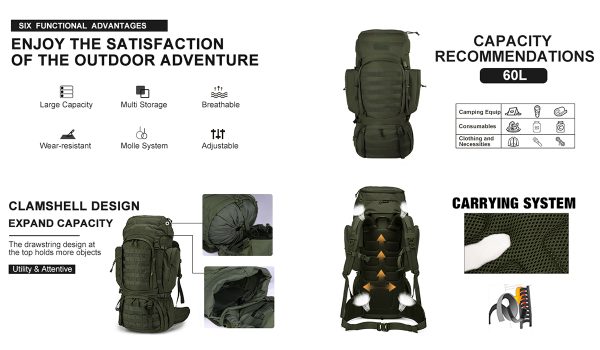 [M6226] Mardingtop 60L Molle Hiking Internal Frame Backpacks with Rain ...